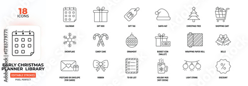Early Christmas Planner Line Icon Set – Gifts, Budget, Calendar, Holiday Prep, Editable Stroke.