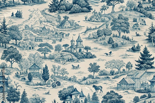 Detailed Toile Illustration Capturing Idyllic Rural Setting with Buildings, Trees, Livestock, and Characters in Navy and Beige, Timeless Countryside