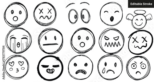 Set of hand drawn emoticons. Vector sketch doodle collection of smiley face icons and expressions. Editable stroke.