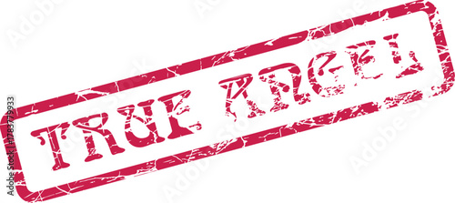 Distressed red rectangular rubber stamp features the unique text True Angel in a bold font