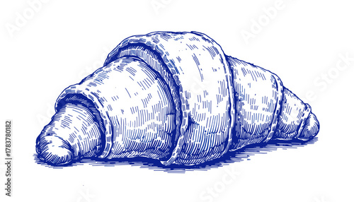 Vintage sketch of a croissant drawn in blue ink  