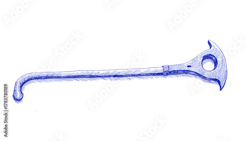 Vintage crowbar sketch in blue ink on white background  