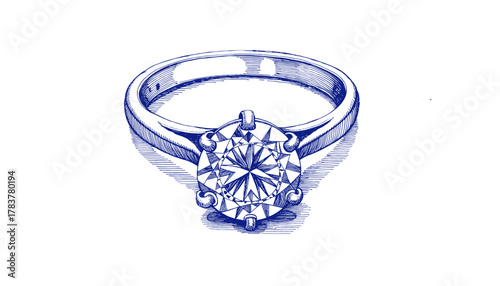 Vintage sketch of a diamond ring in blue ink on white background  