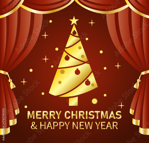 Tarjeta navideña con árbol dorado y cortinas rojas