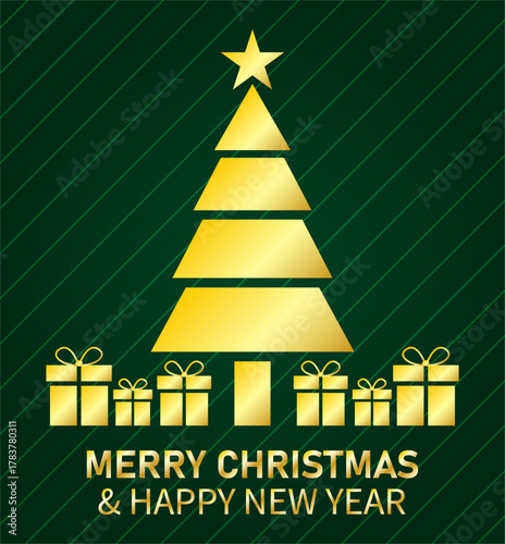 Tarjeta navideña con árbol de navidad y regalos dorados