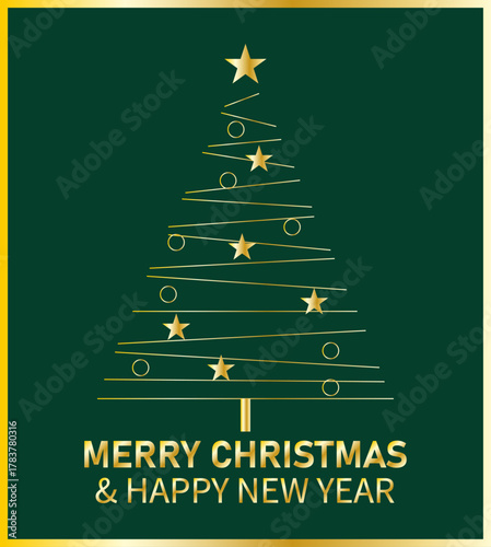 Felicitación de navidad verde con árbol de navidad en trazo dorado