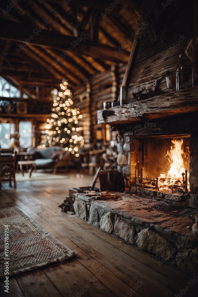 Naklejka premium Cozy wooden cabin living room with roaring stone fireplace and bokeh-lit Christmas tree in warm glow. Rustic holiday hearth comfort, inviting festive winter sanctuary vibe.