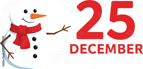 Festive christmas illustration with snowman and date of december twenty fifth