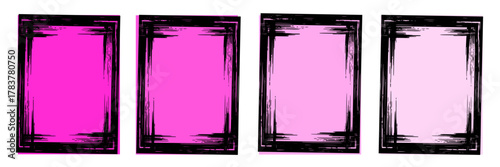 Set of Four Grunge Distressed Vector Frames with Scratchy Black Border and Vibrant Pink Gradient Background