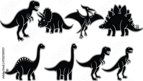 Dinosaur silhouettes vector set, prehistoric animal icons collection, Tyrannosaurus Triceratops Stegosaurus Brachiosaurus Apatosaurus Pteranodon, black fossil illustration, ancient 