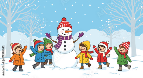 Cartoon winter scene with children playing around snowman, snowy landscape, colorful outfits, joyful outdoor activity on cold festive day