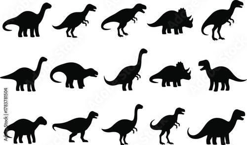 Dinosaur silhouettes, Tyrannosaurus rex, Triceratops, Brachiosaurus, prehistoric animals, Jurassic creatures, fossil shapes, ancient reptiles, vector illustration, educational design art