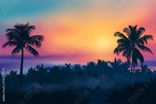 Vector Tropical Sunset Landscape with Pink Clouds and Silhouettes of Palm Trees under a Warm Evening Sky