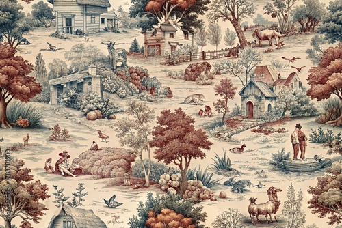 Chinoiserie toile de jouy pattern illustration with houses trees and people creating pastoral scene old fashioned victorian drawing style in shades of brown and beige