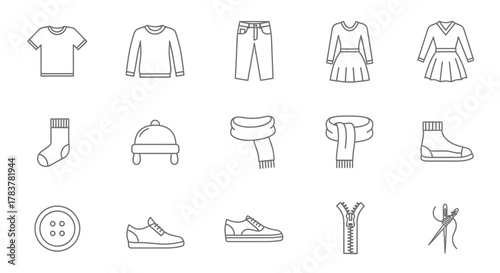 Minimalist outline icon collection of various clothing, footwear, and sewing items.
