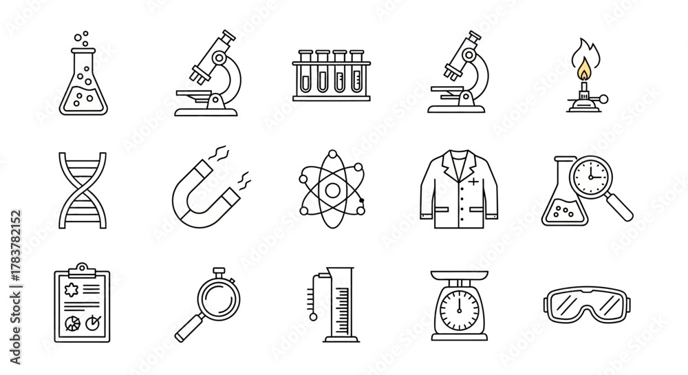 Fototapeta premium Monochromatic Line Art Science Lab Equipment Icons Set - Flasks, Microscopes, DNA, Magnets, Atoms, Beakers, Goggles.