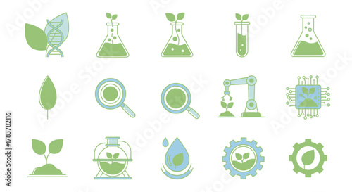 Modern Green Biotechnology and Organic Science Flat Vector Icons Set.
