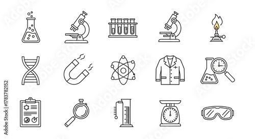 Monochromatic Line Art Science Lab Equipment Icons Set - Flasks, Microscopes, DNA, Magnets, Atoms, Beakers, Goggles.