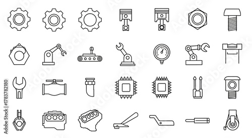 Monochrome line art icon set of industrial, mechanical, and technology parts like gears, pistons, and robotic arms.