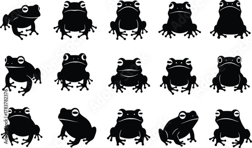Frog silhouettes collection, amphibian wildlife vector illustration, black cartoon animal shapes in different postures, design elements for nature, biology, education themes
