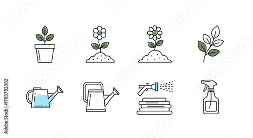 Outline Gardening Icons Set - Potted Plant, Growing Flowers, Watering Cans, Hose, Sprayer.