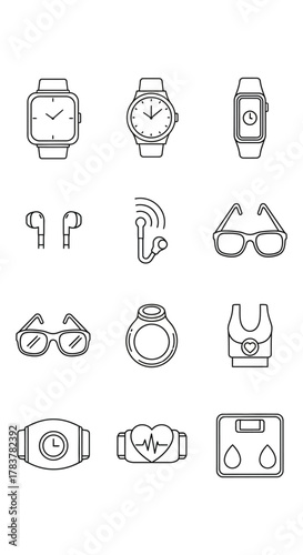 Outline Fitness and Wearable Tech Icons - Smartwatches, Earbuds, Glasses, Heart Rate Monitors, Smart Scale.
