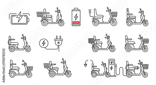 Outlined Electric Mobility Scooters with Baskets and Charging Stations, Vector Illustration Set.
