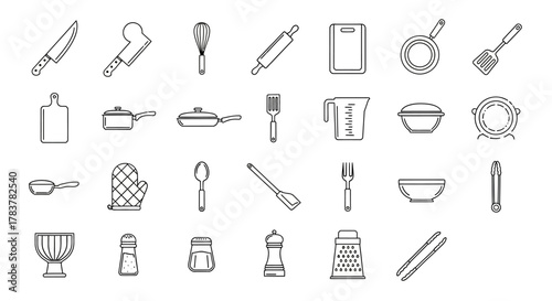 Outlined Kitchen Utensils and Cookware Collection in Black and White, Isolated.