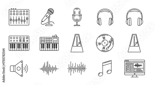 Outlined Music Equipment Collection - Microphones, Headphones, Keyboards, and Audio Tools.