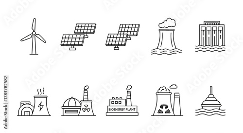 Outlined Vector Illustrations of Various Energy Production Facilities and Sources.