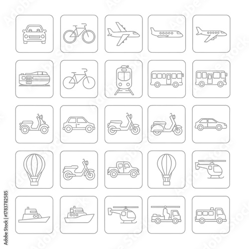 Outlined Transportation Icons Set - Cars, Bikes, Planes, Boats, and Helicopters in Squares.