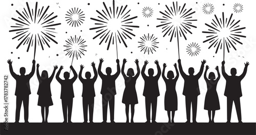 Black silhouettes of people celebrating with sparklers and fireworks