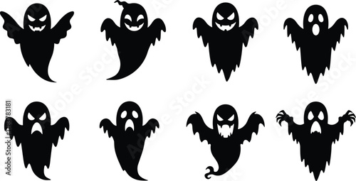 Set of Spooky Halloween Ghost Silhouettes Vector Illustration, Various Scary and Funny Boo Characters, Flying Phantom Spirit Collection, Isolated Black Icons.