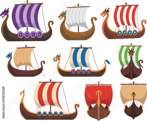 Viking ship icon set, dragon prow, shielded sides, colorful sails, historical boat design, Norse culture, cartoon illustration, vector collection