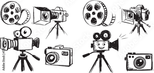 Old Photography Device Camera Reel Hand Drawn Equipment Illustration