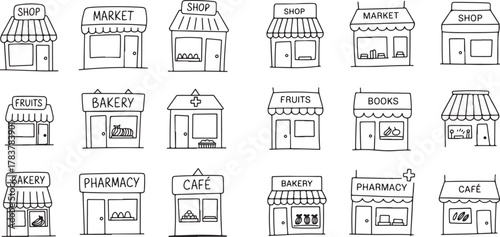Hand Drawn Shop Building Facades Market Storefront Retail Frontage Illustration