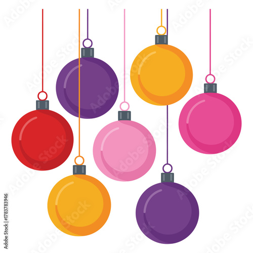 Assortment of colorful Christmas ornaments hanging against a white background