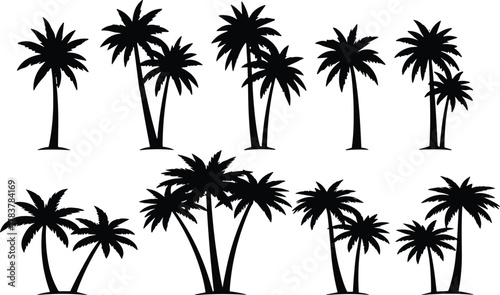 Palm tree silhouettes collection, tropical beach landscape, exotic island nature, summer vacation background, black vector illustration, paradise scenery design