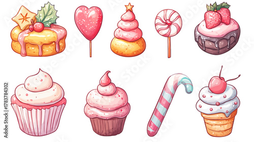 Chibi-Style Christmas Sweets Illustration, Vibrant Colors, Playful Atmosphere, Whimsical Design