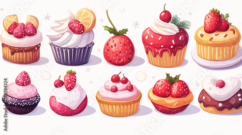 Delicious Holiday Cupcake Collection, Sweet Treats, White Background, Digital Illustration, Vibrant Environment, Eye-Level View, Festive Concept