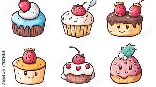 Cute Anime-Style Cupcakes in a Christmas Candyland Setting on White Background
