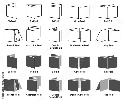 Types of Brochure Folds black line icon set. Types of Brochures Fold paper, Half, Bi-fold, Single, Z Fold, Tri Fold, Double Parallel, Accordion, French, Quarter, gate, roll, map. Vector Illustration.