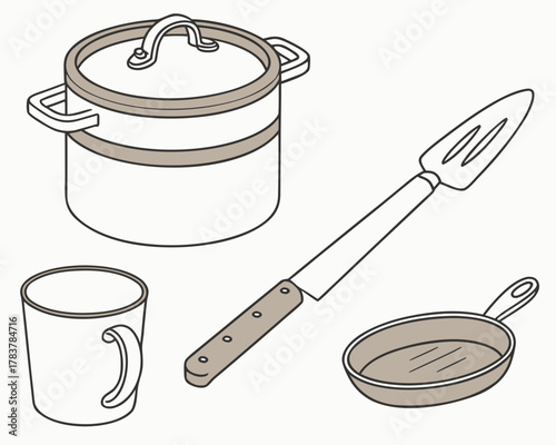 Collection of kitchen utensils and cookware