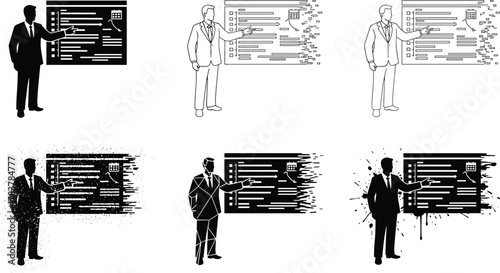 Business presentation board styles, pointing silhouette variations, artistic interface layouts, vector set, editable stroke, professional concept, black and white design