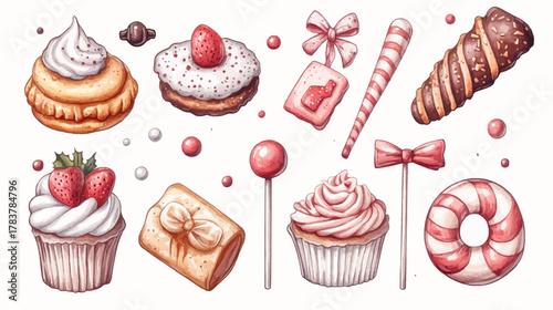 Colorful Cakes, Sweets, and Treats on a White Background