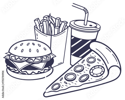 Fast food meal combo illustration with burger fries pizza and drink