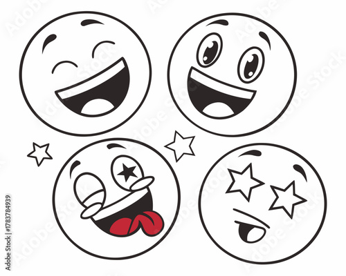 Four happy cartoon emoticons with stars and tongue out