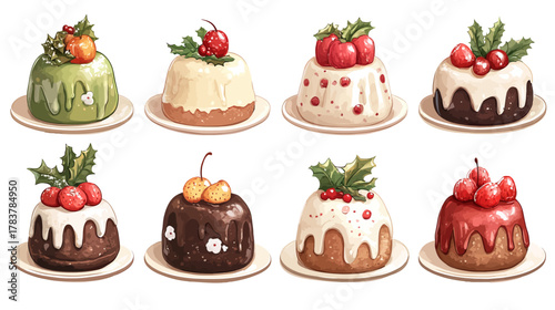 Christmas Desserts Display, Festive Puddings, Candy Shop, Digital Illustration, White Background, Cheerful Atmosphere, Holiday Concept