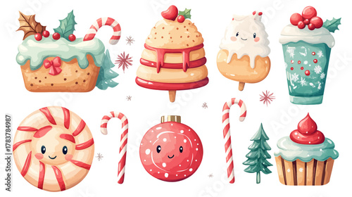 Cute Christmas Dessert Treats, Holiday Celebration, Digital Illustration, Cheerful Environment, Playful Viewpoint