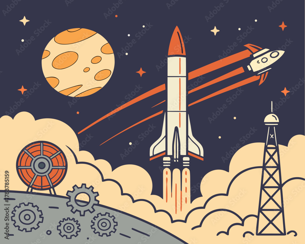 Obraz premium Rocket launch into a starry sky with a planet